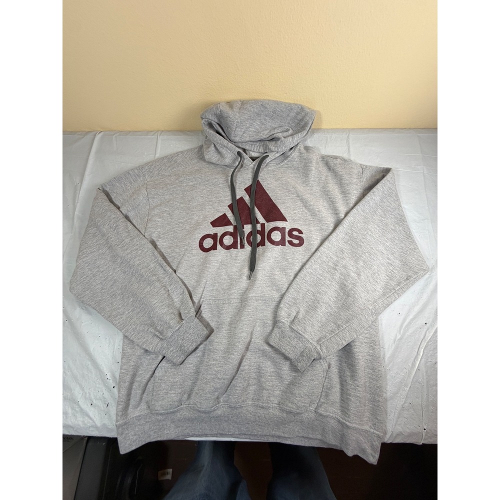 Adidas Mens Hoodie Gray Maroon Logo Pullover Sweatshirt Large‎ RN 88387 CA 40312